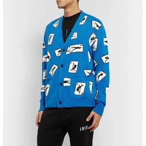 NEW AMIRI cards intarsia cardigan sweater in blue